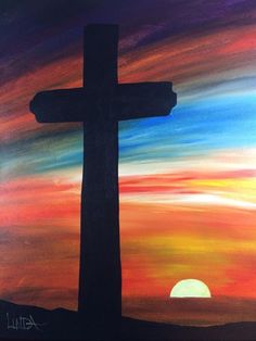 a painting of a cross with the sun setting behind it