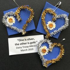 three heart shaped ornaments are on display with a sign that says, one is silver, the other is gold