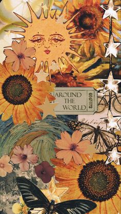 a collage of sunflowers and butterflies with the words around the world written on them