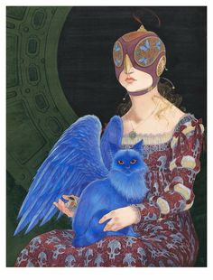 a painting of a woman holding a blue cat wearing a mask with wings on her head