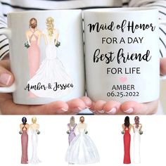 two coffee mugs with bride and groom's names on them, one is holding the