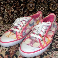 Brand New Worn Once Fits Like 6 And Can Fit 5.5 Coach Low-top Sneakers For Spring, Casual Pink Coach Sneakers, Coach Pink Low-top Sneakers, Trendy Coach Sneakers For Spring, Pink Low-top Coach Sneakers, Coach Shoes, Orange Pink, Pink Orange, Color Orange