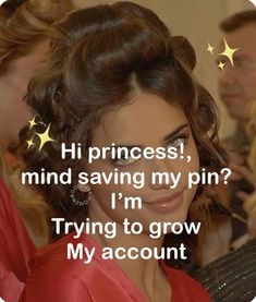 a woman in a red dress with stars on her head and the words hi princess, mind saving my pin? i'm trying to grow my account