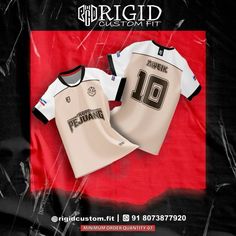 two soccer jerseys on display in front of a black and red background with the words, reign custom fit