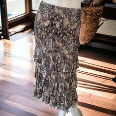 Smocked Elastic Waist, Ruffle Detail, Black Multicolored. Waist 26”, Length 29”. Bohemian Pleated Fitted Maxi Skirt, Bohemian Fitted Pleated Maxi Skirt, Metallic Pleated Skirt, Silk Midi Skirt, Midi Denim, Wrap Maxi Skirt, Isabel Marant Etoile, Black Midi Skirt, Denim Midi Skirt