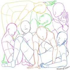 a drawing of several people sitting on the ground with their hands in each other's pockets