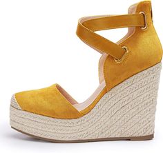 Elevate your style with our Suede Wedge Ankle Strap Closed Toe Sandals. The sleek design and supportive ankle strap will make you stand out while keeping your feet comfortable. With a wedge heel for added height and a closed toe for protection, these sandals are the perfect combination of fashion and function. Heel measures approximately 3.9 inches, platform height approximately 1.3 inches. Front suede faux leather upper with cotton & linen canvas in back Espadrilles wedges,closed toe platform s Closed Toe Sandals, Platform Wedge Heels, Linen Canvas, Wedge Heel Sandals, Suede Wedges, Boot Accessories, Brown Sandals, Toe Sandals, Gray Suede