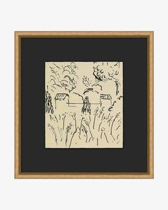 a black and white drawing in a wooden frame