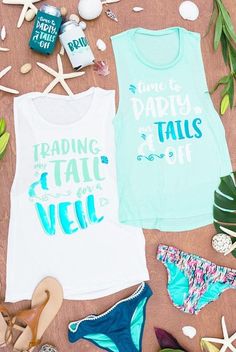 two women's shirts that say trading tails and veil