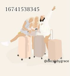 three women are sitting on suitcases with their arms in the air and one woman is pointing