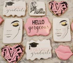 decorated cookies with different designs and words on them