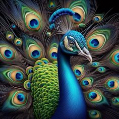 a painting of a peacock with its feathers spread out