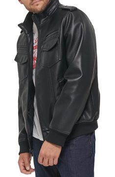 A quilted lining and light fill add comfortable warmth to this grab-and-go bomber jacket boasting a water-resistant exterior for weather-ready style. 27" length Front zip closure Stand collar Ribbed cuffs and hem Chest zip pockets and flap-patch pockets; front welt pockets; interior welt pocket Snap epaulets Water resistant Lined, with synthetic fill 100% polyester with polyurethane coating Machine wash, dry flat Made in China Casual Solid Leather Jacket With Pockets, Casual Winter Leather Jacket With Fleece Lining, Casual Biker Jacket With Padded Collar For Outdoor, Fall Outdoor Biker Jacket With Padded Collar, Fall Outdoor Leather Jacket With Fleece Lining, Casual Outdoor Leather Jacket With Pockets, Casual Winter Biker Jacket With Pockets, Casual Leather Jacket With Pockets For Outdoor, Utility Leather Jacket With Pockets For Streetwear