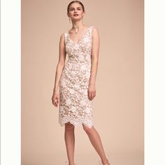 Part Of A Special Collection From Bhldn. Subtly Sequined Floral Embroidery Bedecks A Chic Nude Sheath With V-Neckline And Scalloped Hem. Never Worn. Brand New Without Tags. Care And Content Back Zip Polyester Professionally Clean Imported Size & Fit Fits Large To Size, Take A Full Size Smaller Than Normal. Spring Cocktail Dress With Lace Work, Spring Cocktail Dresses With Lace Work, Elegant Fitted Midi Dress With Delicate Lace, Elegant Spring Dresses With Lace Work, Formal Fitted Midi Dress With Delicate Lace, Feminine Beige Dress With Scalloped Lace, Spring Wedding Midi Dress With Delicate Lace, Cream Lace Knee-length Dress, Spring Wedding Guest Dress With Lace Work