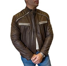 FACHA - Genuine Argentine Leather Jacket - Premium Quality - Classic Style Experience timeless style and unmatched quality with our genuine Argentine leather jackets. Each piece is crafted from premium-grade Argentine leather, known for its durability and soft, luxurious feel. Perfect for any occasion, our jackets offer a blend of classic design and modern craftsmanship. Whether you're dressing up for a night out or dressing down for a casual day, our leather jackets provide the perfect finishing touch to any outfit. Invest in a piece of lasting elegance and enjoy the superior comfort and style that only genuine leather can offer. Classic Leather Jacket With Contrast Stitching, Luxury Brown Long Sleeve Biker Jacket, Leather Outerwear With Contrast Stitching Long Sleeve, Leather Jacket With Contrast Stitching, Leather Jacket With Contrast Stitching For Work, Leather Long Sleeve Outerwear With Contrast Stitching, Fitted Leather Jacket With Contrast Stitching, Luxury Fitted Brown Biker Jacket, Classic Leather Outerwear With Contrast Stitching