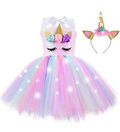 PRICES MAY VARY. Novel unicorn lighted outfits, every girl will be a beautiful princess! package including 1 lighted tutu dress(There is a cotton skirt lining under the tulle pieces section, more comfortable to wear) + 1 lighted unicorn headband MATERIAL: High quality sequin, shiny and not easy to fall off. Top lined with a silk like fabric, very soft and comfortable, 100% polyester. Colorful tulle strips, vibrant color and looks very fluffy, 100% nylon. There is a cotton skirt lining under the Princess Tutu Costumes, Unicorn Dresses, Flower Birthday Party, Girl Birthday Decorations, Unicorn Dress, Unicorn Costume, Christmas Party Outfit, Unicorn Headband, Princess Tutu