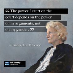 an older woman sitting in a chair with a quote on her side that reads, the power i exert on the court demands on the power of my arguments, not on my gender