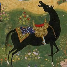 an artistic painting of a black horse with gold and red decorations on it's back