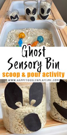 an easy halloween activity for kids to make with rice and other items that are in jars