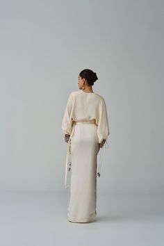 Amy Blouse – Kalarah Cream Long Sleeve Kimono For Wedding, Silk Blouse With Embroidered Long Sleeves, Cream Long Sleeve Kaftan For Wedding, Cream Long Sleeve Wedding Kaftan, Elegant Beige Long Sleeve Kimono, Beige Long Sleeve Kaftan For Wedding, Long Sleeve Beige Kaftan For Wedding, Silk Long Sleeve Kaftan For Formal Occasions, Formal Long Sleeve Silk Kaftan