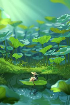 a woman sitting on top of a green lily pad in the middle of a lake