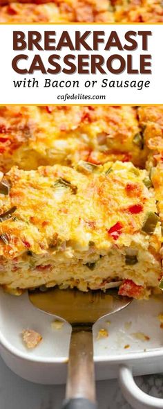 a close up of a casserole on a plate with a serving spatula