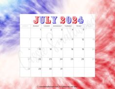 July 2024 Monthly calendar free printable with red white and blue tie dye background Print Calendar, Calendar 2024