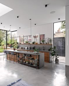 an open kitchen with lots of counter space and potted plants on the island in front of it