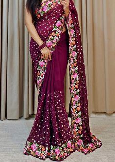 Eternal Beauty- Designer Sequin Saree(wine) Sequins Saree, Embroidery Thread Work, Sequence Saree, Sequin Saree, Saree Work, Floral Work, Blouse Price, Fancy Party, Georgette Saree