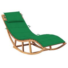 a wooden rocking chair with green fabric on it's back and seat padding