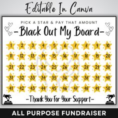 a black out my board with yellow stars on it and the words, pick a star & pay that amount