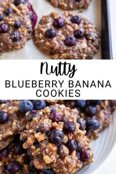 blueberry banana cookies on a plate with the words nutty written in black and white