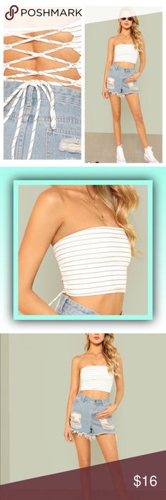 Lace Up Striped Tube Top NWT Wow!  White and Gray Lace Up Tube Top! Tops Crop Tops Casual Stretch Tube Top With Bra-friendly Design, Casual Bra-friendly Summer Tube Top, Cheap Spring Tube Top With Built-in Bra, Trendy Solid Tube Top With Built-in Bra, Beachwear Bra-friendly Tube Top, Striped Tube Top, Racer Back, Tube Top, Strapless Dress