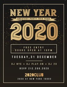 a new year party flyer with gold and black text on a dark background, in the shape of a square