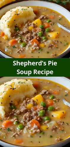 two pictures of shepherd's pie soup with mashed potatoes and peas