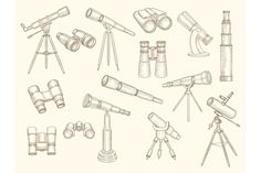 a set of hand drawn binoculars and tripods on a white background with space for text