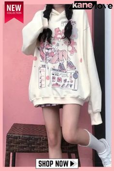 Women Casual and Chic Print Oversized Hoodie Harajuku Oversized Hoodie With Letter Print, Oversized Harajuku Hoodie With Letter Print, Oversized Harajuku Sweatshirt With Letter Print, Harajuku Style Oversized Hoodie For Fall, Oversized Harajuku Hoodie For Fall, Oversized Harajuku Sweatshirt For Fall, Spring Cartoon Print Hoodie Top, Oversized Harajuku Sweatshirt For Spring, Casual Streetwear Sweater With Cartoon Print