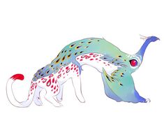 a drawing of a blue and red animal with spots on it's body