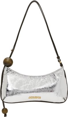 Crinkled leather shoulder bag in silver tone. · Piping throughout · Wooden beads at adjustable shoulder strap · Logo hardware at face · Zip closure · Card slot at interior · Cotton twill lining · Logo-engraved gold-tone hardware · H5.5 x W10.5 x D1 Part of the La Casa collection. Supplier color: Silver Silver Designer Bag, Silver Leather Shoulder Bag With Detachable Handle, Silver Hobo Bag With Silver-tone Hardware For Evening, Luxury Silver Hobo Shoulder Bag, Rectangular Silver Leather Hobo Bag, Silver Textured Leather Shoulder Bag, Silver Leather Hobo Shoulder Bag, Silver Rectangular Shoulder Bag With Textured Leather, Silver Leather Shoulder Bag With Adjustable Strap