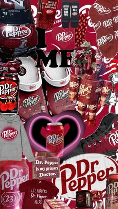 a collage of red and white items with the words dr pepper on them,