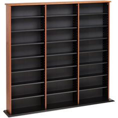 an empty bookcase with four shelves and two doors on each side, in black