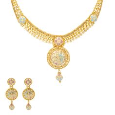 Indulge in the luxury of 22k yellow gold with this exquisite necklace and earring set by Virani Jewelers. This beautiful gold necklace and earring set features a mesmerizing mix of traditional elements and modern charm, reflecting the rich heritage of Indian gold jewelry. The intricate design and vibrant details make this 22k gold necklace and earring set a perfect choice for those who appreciate timeless elegance and exquisite craftsmanship.Features• 22k yellow goldNecklace Specifications:• Min Fusion Gold Jewelry For Eid, Fusion Style Gold Jewelry For Eid, Gold Fusion Style Jewelry For Eid, Gold Fusion Jewelry For Eid, Yellow Gold Bridal Necklace With Meenakari, Yellow Gold Plated Chandbali Necklace, Yellow Gold Round Temple Necklace With Meenakari, Yellow Gold Necklaces With Meenakari, Fusion Gold Jewelry Sets For Diwali