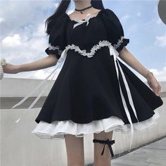 Please allow 2-4cm error due to manual measurement.  ​  S：Length:82cm Bust:80cm Waist:66cm    M：Length:83cm Bust:84cm Waist:70cm Puff Sleeve Black Dress, Soft Girl Dress, Cute Lace Dresses, Style College, Sleeve Black Dress, Girls Sundress, Black Short Sleeve Dress, Japanese Harajuku, Harajuku Outfits