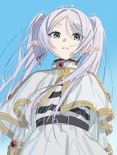 an anime character with long white hair and blue eyes, standing in front of the sky