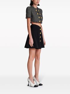 Balmain Pleated A-line Miniskirt - Farfetch Chic Button Closure Mini Skirt For Party, Chic Mini Skort With Button Closure, Chic Mini Skirt With Button Closure, Chic Mini Skirt With Button Zip Fly, Chic Formal Short Pleated Skirt, Fitted Mini Skirt With Button Zip Fly, Chic Office Mini Skirt With Buttons, Chic Workwear Skirt With Button Zip Fly, Chic Evening Skort In Short Length