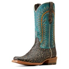 Designed in collaboration with 26x World Champion Trevor Brazile, this punchy pair packs a lot in: an elephant-print foot, a color-pop shaft, heel-to-toe cushioning, and a butyl leather sole for extra durability. In other words, it's big on style *and* performance. Futurity Time Cowboy Boot | Product Features : 0 : ATS® technology provides ergonomic support on uneven terrain, 1 : TekStep provides toe-to-heel cushion for comfort, 2 : Removable Pro Performance insole for cushioning and shock absor Leather Cowboy Boots, Western Boot, Elephant Print, Cowboy Boot, Goodyear Welt, Fall Outfits Women, Western Boots, Cute Shoes, Full Grain Leather