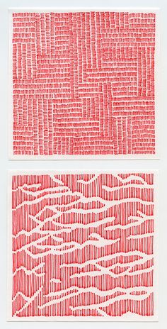 two red and white paper designs on a white surface, one with wavy lines in the middle