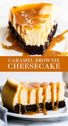 caramel brownie cheesecake on a white plate