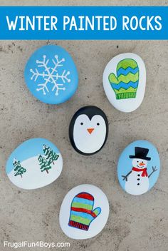 painted rocks with snowmen and penguins on them are the perfect winter craft for kids