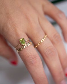 Prong octagon peridot ring Eye catching yet, dainty simple design.Perfect way to cherish a special august birthday or to simplywear it for its beautiful light green color Metrical : 14-karat Yellow Size: Band measures 1mm, Peridot measures 6x4mm Green Emerald Cut Stackable Rings For May Birthstone, Stackable 14k Gold Emerald-cut Birthstone Ring, 14k Gold Emerald Cut Stackable Birthstone Ring, Dainty 14k Gold Birthstone Ring With Emerald Cut, Dainty 14k Gold Emerald Cut Birthstone Ring, Dainty Emerald-cut Birthstone Ring, Emerald Cut Peridot Ring For May Birthstone, Green Peridot Birthstone Ring, Dainty Style, Stackable Emerald Cut Green Birthstone Ring